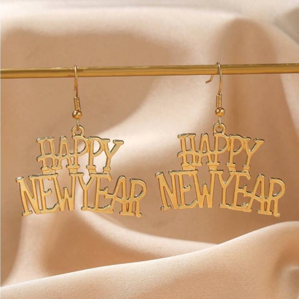NWOT “Happy New Year” Drop Gold Metal Earrings